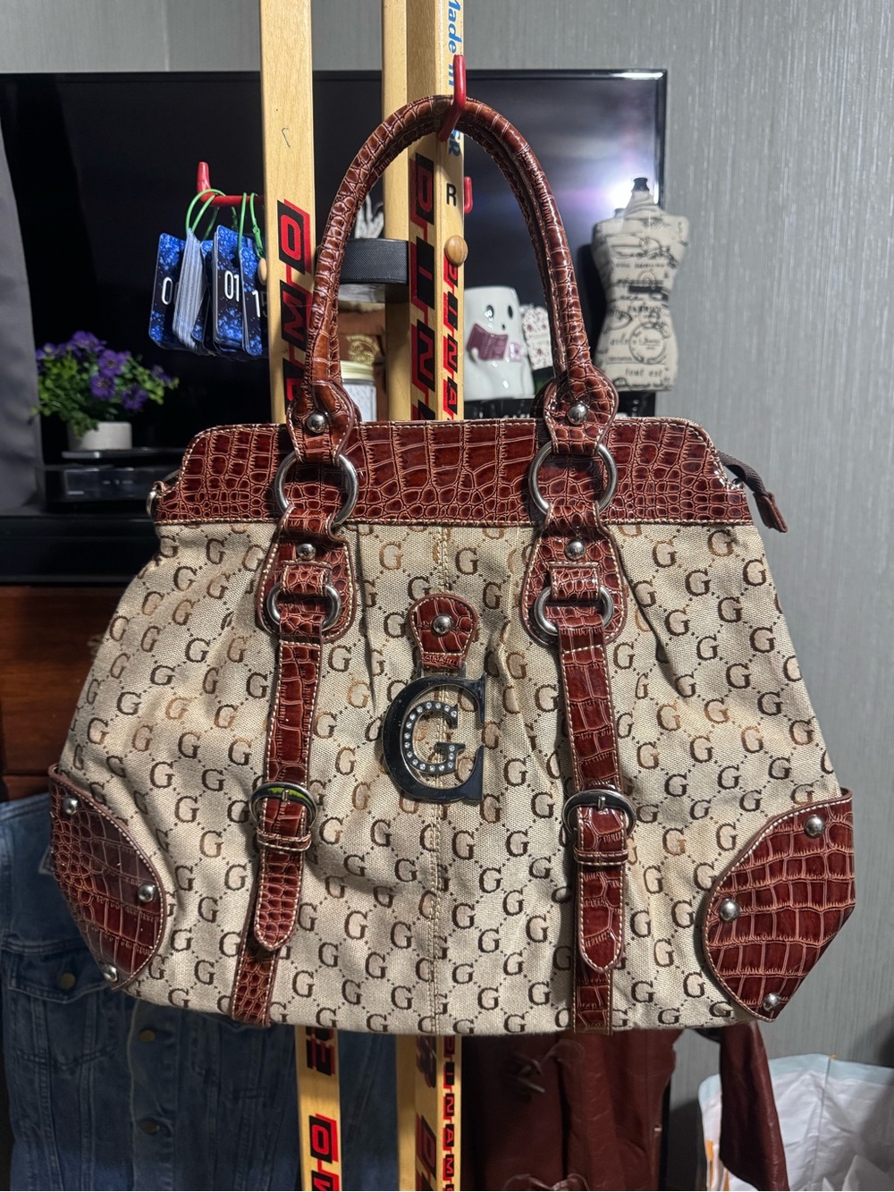 Vintage Y2K GUESS Monogram Canvas & Frock Crocodile Brown Satchel Tote Bag